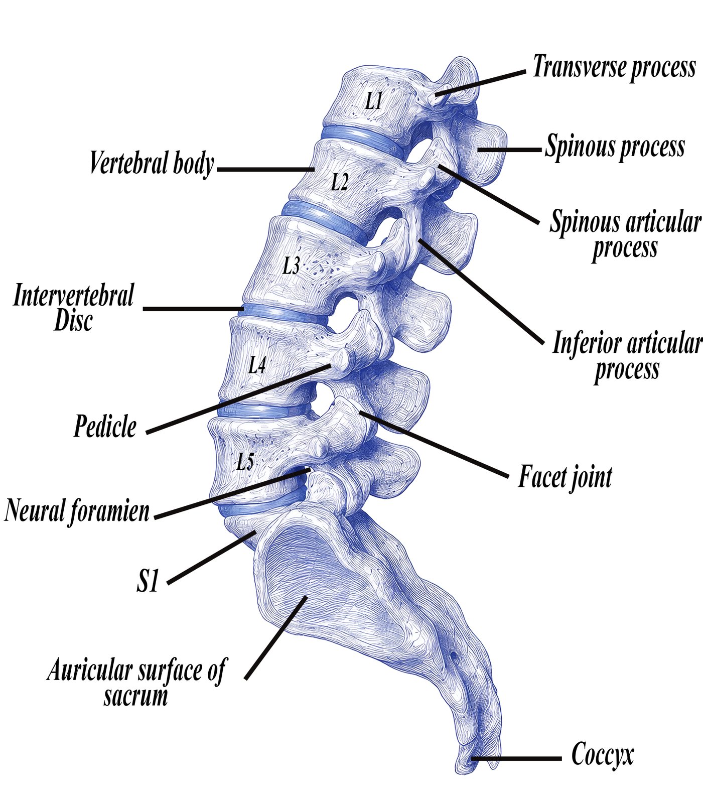 Bone Blueprints - labeled lumbar and sacral spine anatomical art by Deana Dods
