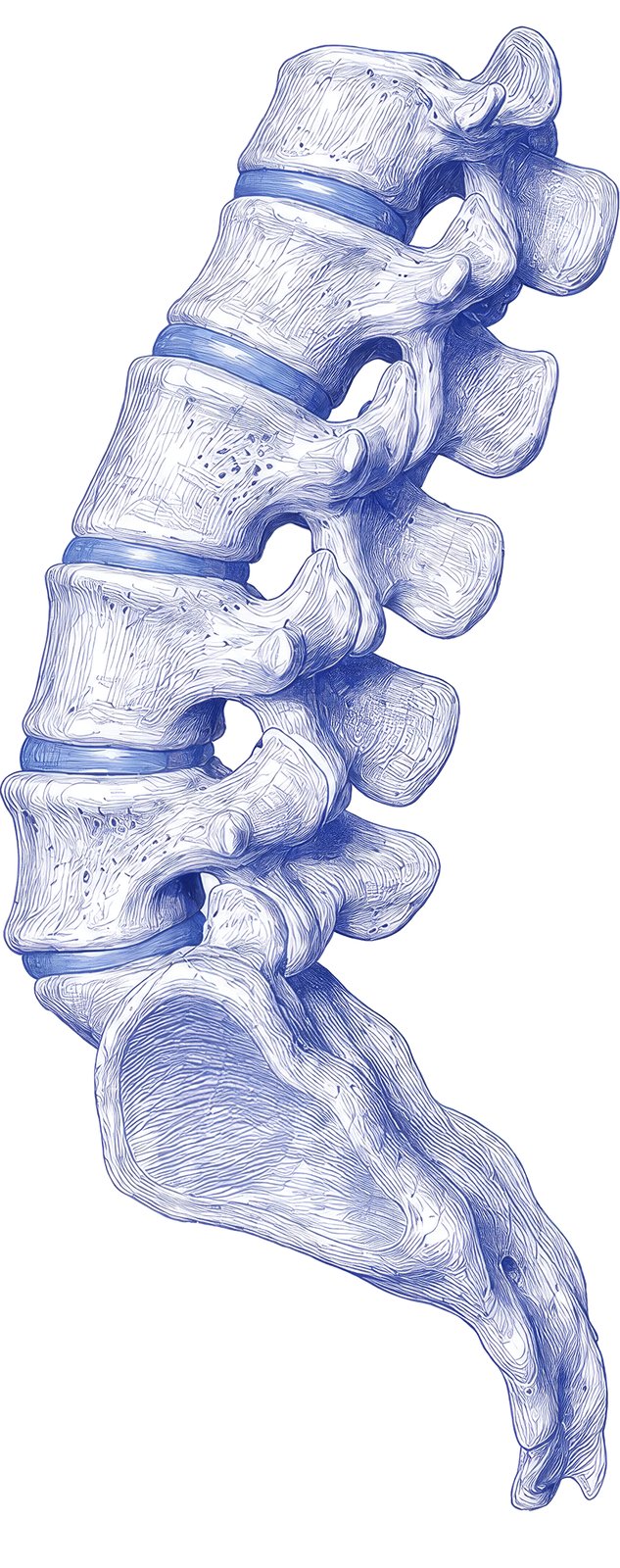 Bone Blueprints - lumbar and sacral spine artistic rendering by Deana Dods, no labels