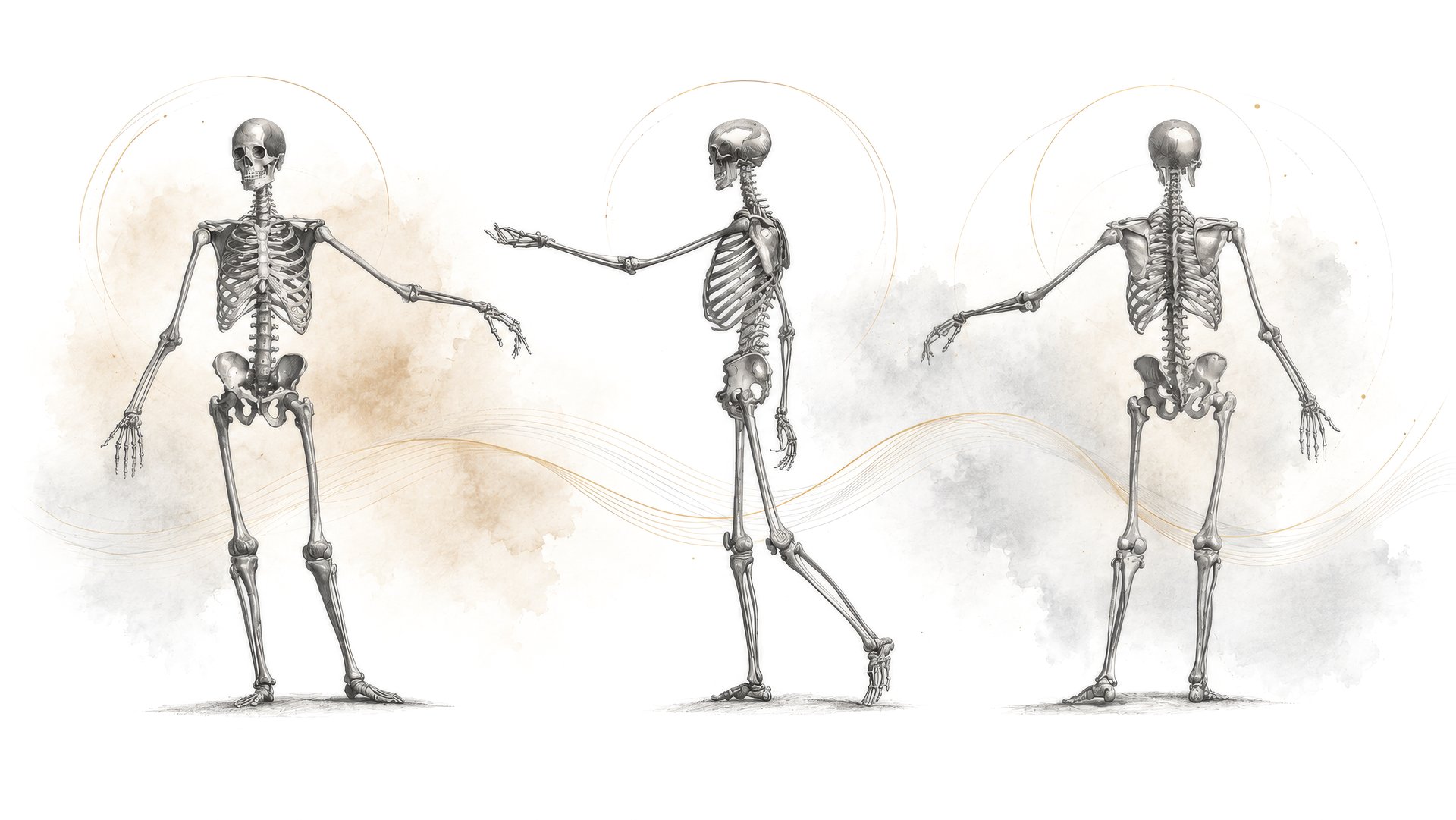 Bone Blueprints - full skeleton trio in sepia watercolor style by Deana Dods