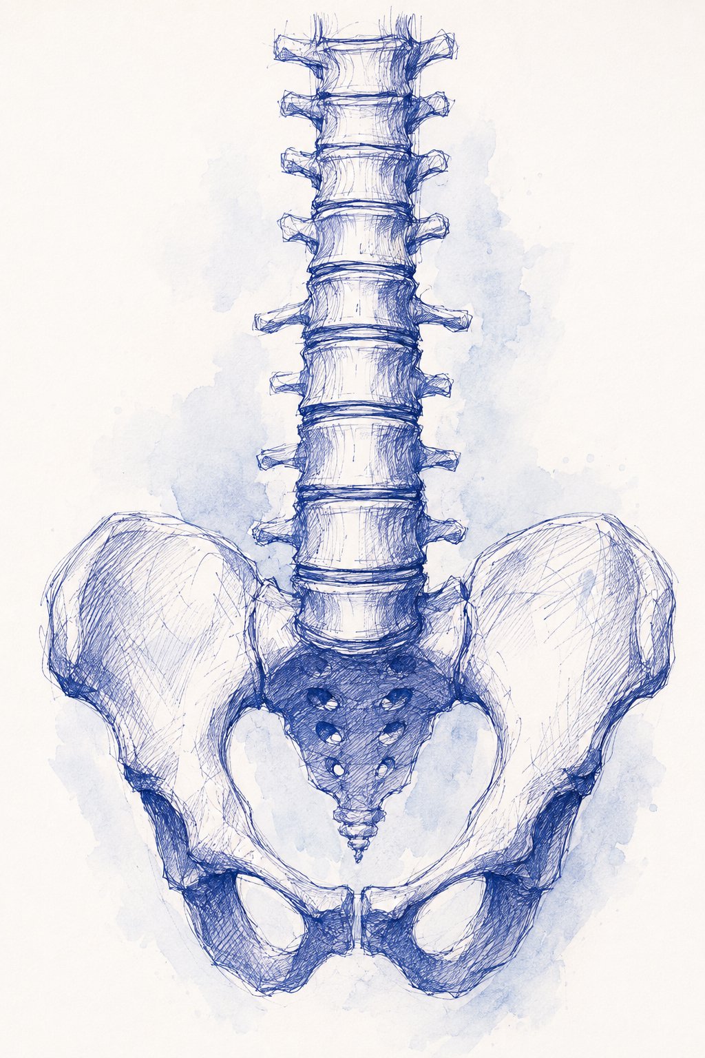 Bone Blueprints - spine and pelvis watercolor and ink artistic rendering by Deana Dods