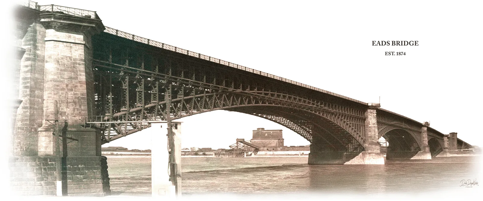 Eads Bridge artwork by Deana Dods, vintage-toned archival-style rendering of the 1874 Mississippi River bridge with commemorative Est. 1874 caption