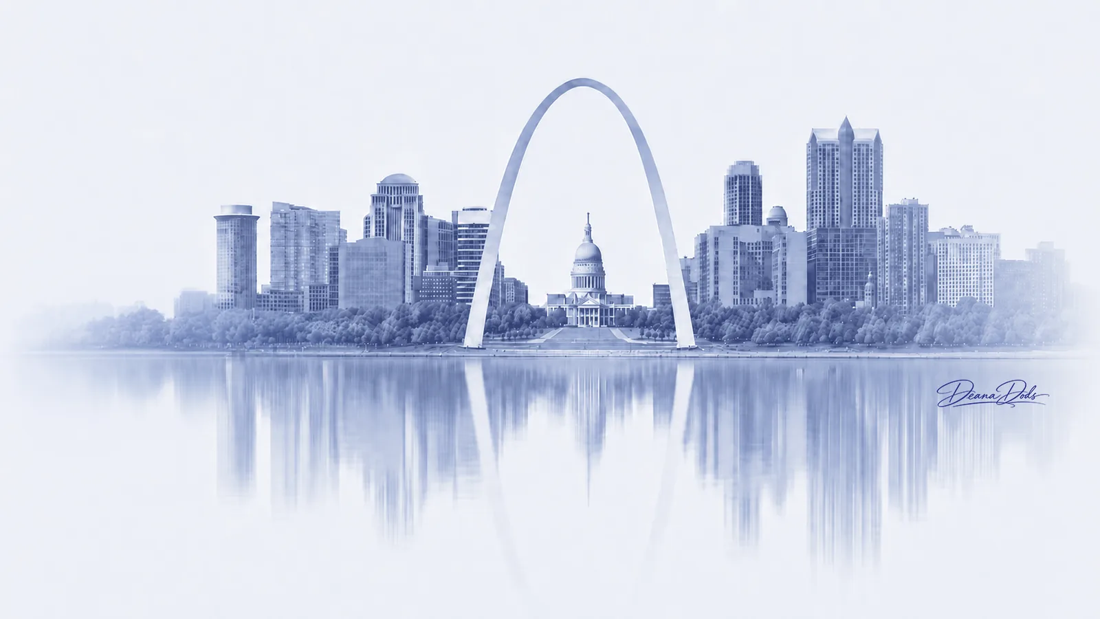 Gateway Arch St. Louis skyline artwork by Deana Dods, cool blue monochrome rendering with riverfront reflection