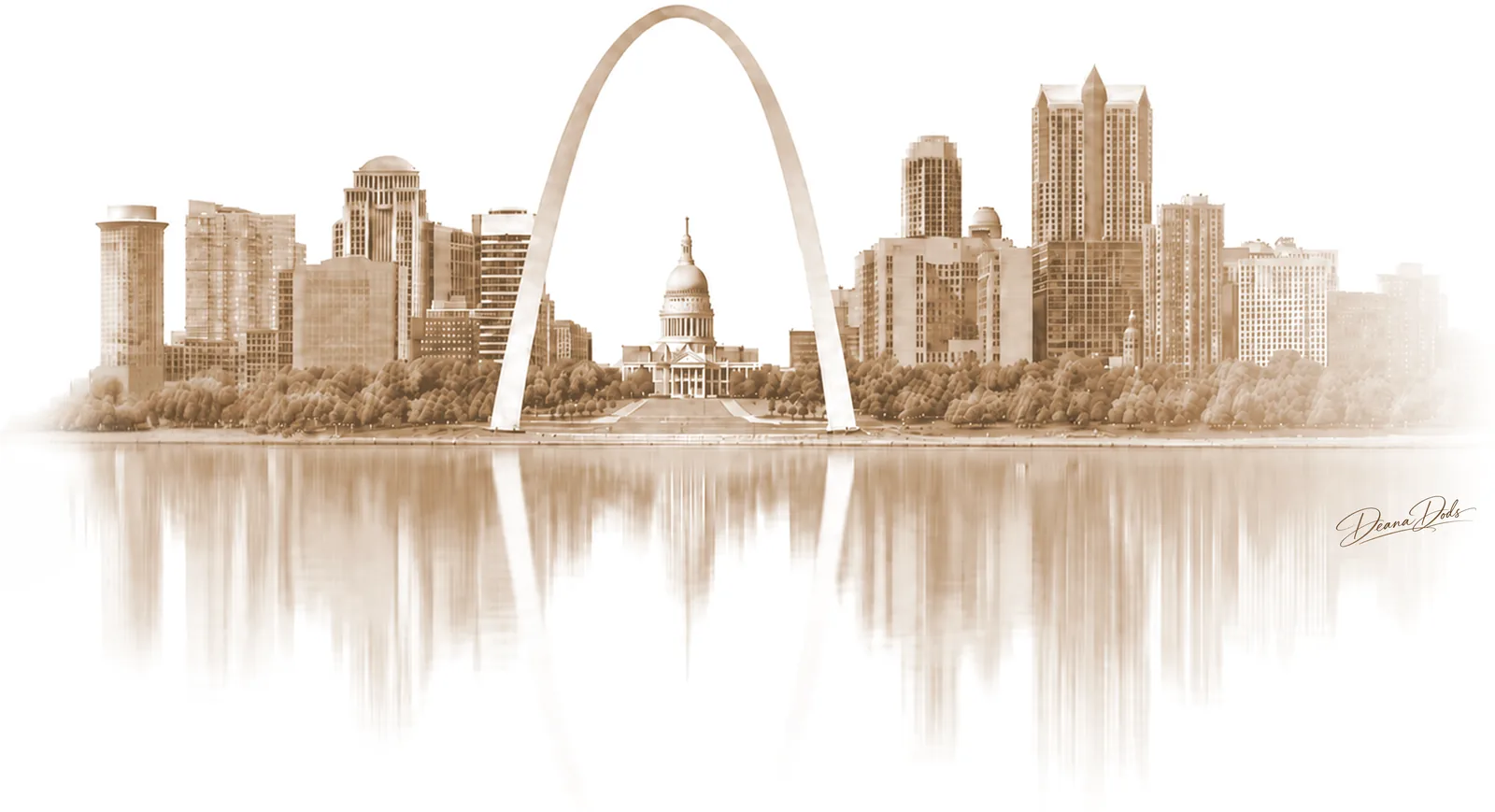 Gateway Arch St. Louis skyline artwork by Deana Dods, warm sepia-toned rendering with riverfront reflection