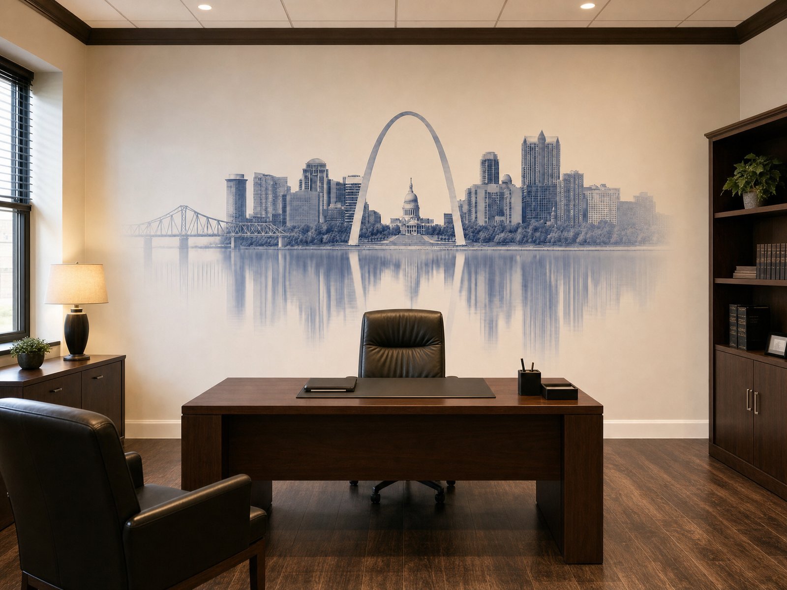 Example office with a St. Louis Gateway Arch skyline mural printed directly onto the wall behind the desk