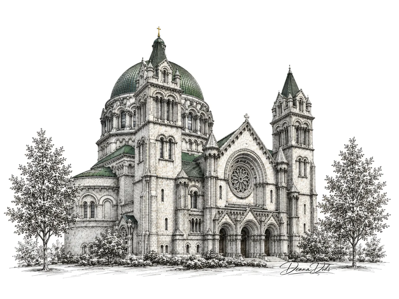 Cathedral Basilica of St. Louis artwork by Deana Dods, pen and ink rendering of the green-tiled dome, rose window, and twin bell towers