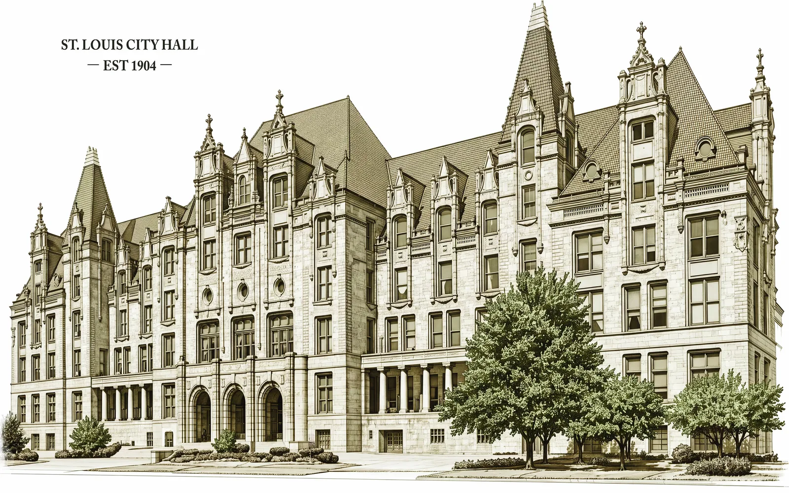St. Louis City Hall artwork by Deana Dods, fine-line rendering of the French Renaissance facade with dormered roofline and corner turrets