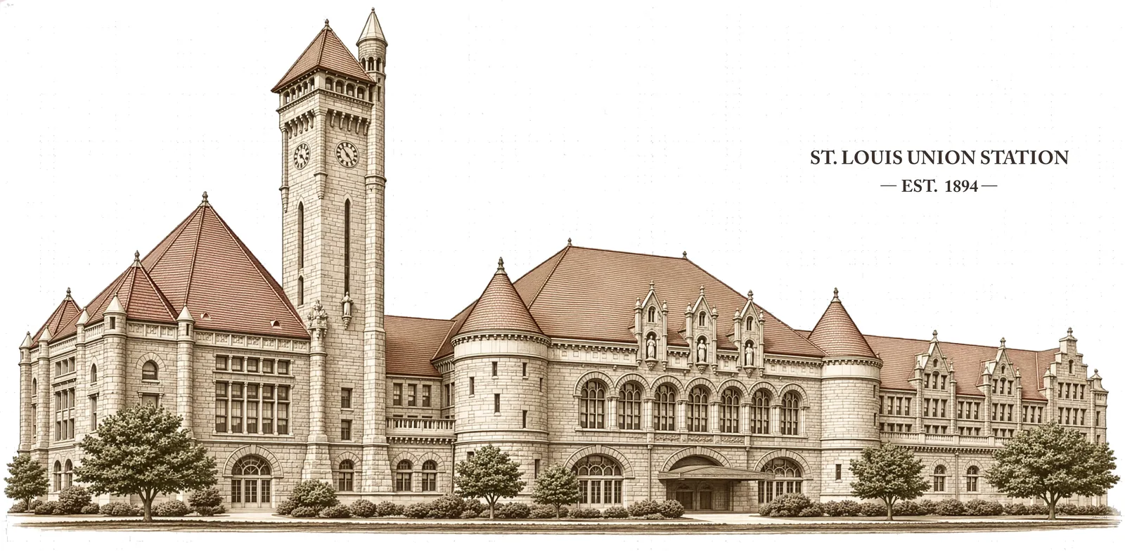 St. Louis Union Station artwork by Deana Dods, fine-line pen and ink rendering of the Romanesque clock tower and grand headhouse