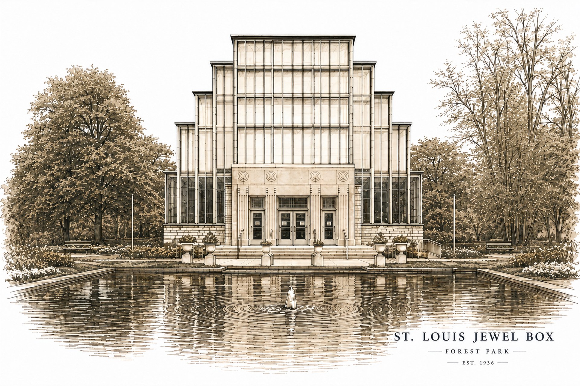 The Jewel Box, Forest Park, artwork by Deana Dods, sepia-toned Art Deco greenhouse illustration